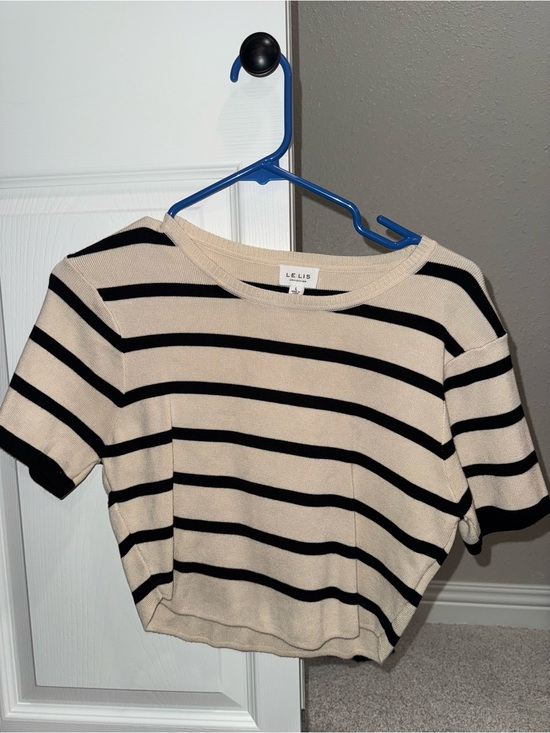 Le Lis Tops - Le Lis Cream and Black Striped Knit Crop Tshirt
